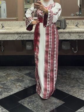 Palestinian Embroidered Red and White Traditional Maxi Dress